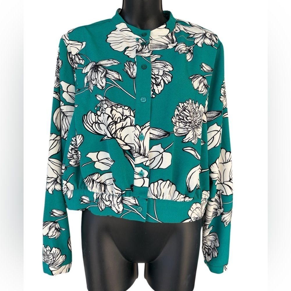 Rachel Roy women’s floral green button down long sleeve top size small preloved
